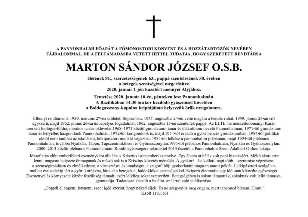 Marton József OSB gyászjelentése