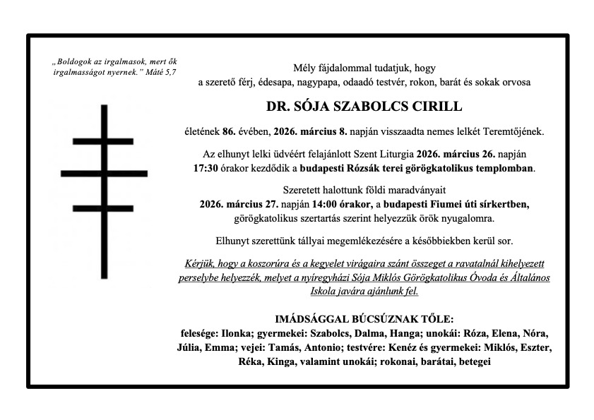 Gyászjelentés - Dr. Sója Szabolcs Cirill