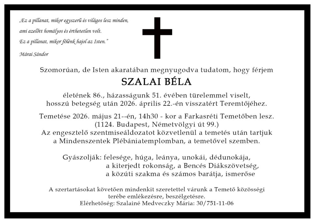 Szalai Béla gyászjelentés
